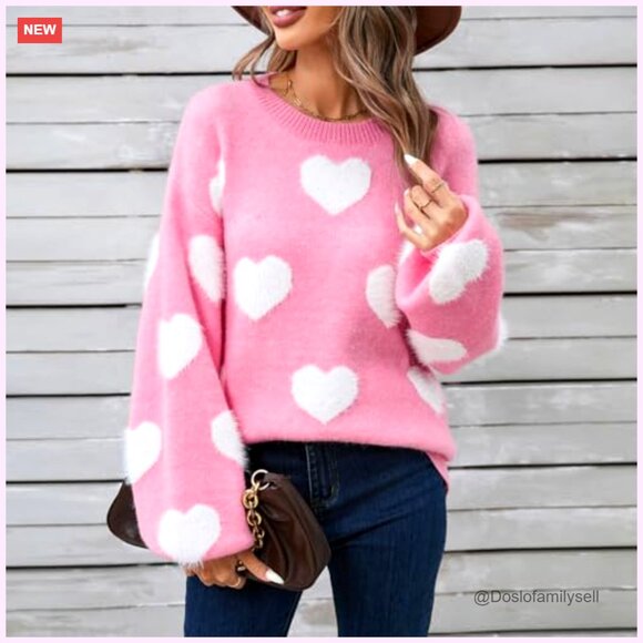 Oversized Heart Print Sweater Knitted Pullover Long Sleeve Valentine's Day Chic - Picture 3 of 6